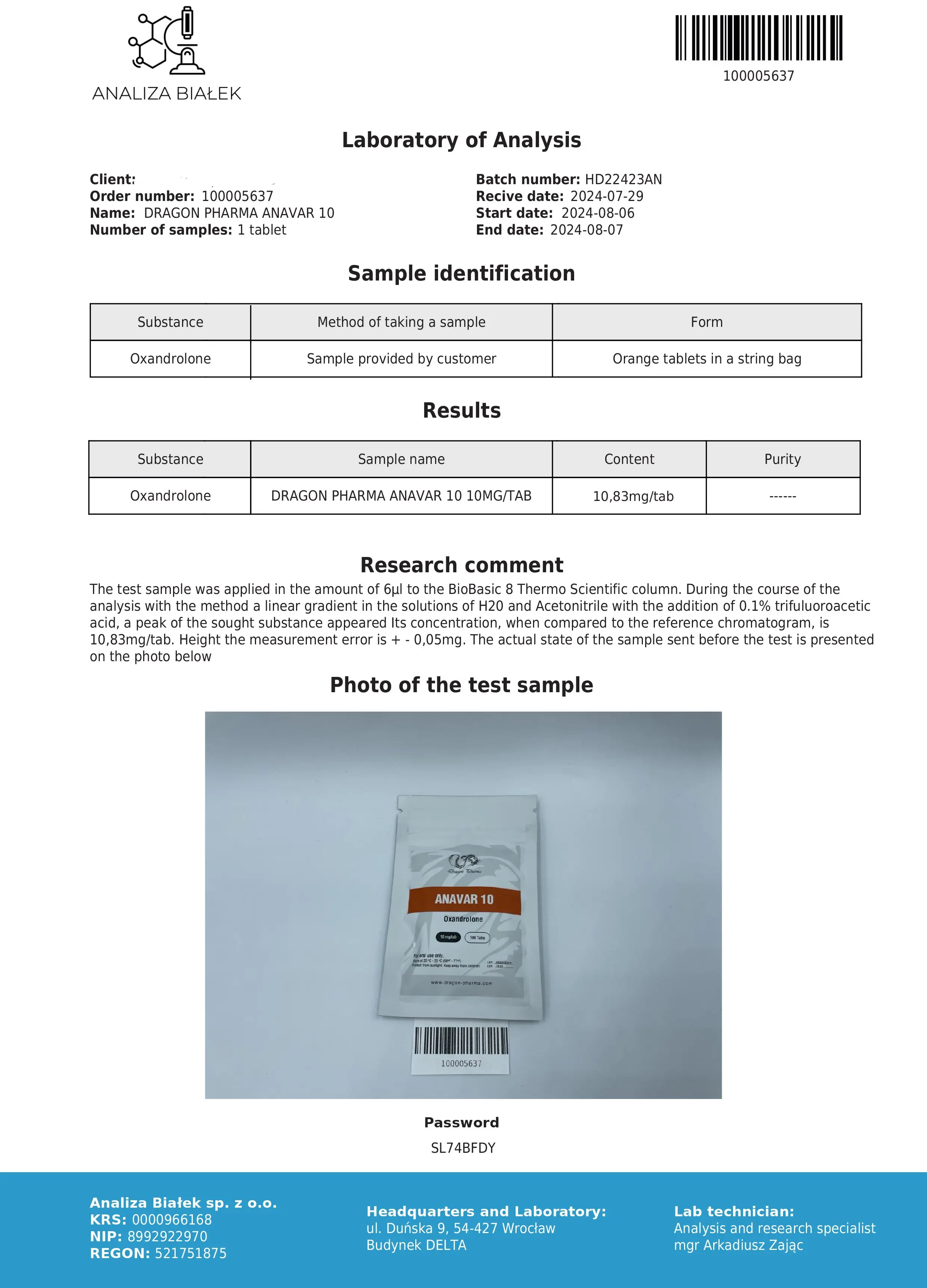 Anavar 10mg Lab Test Aug 2024