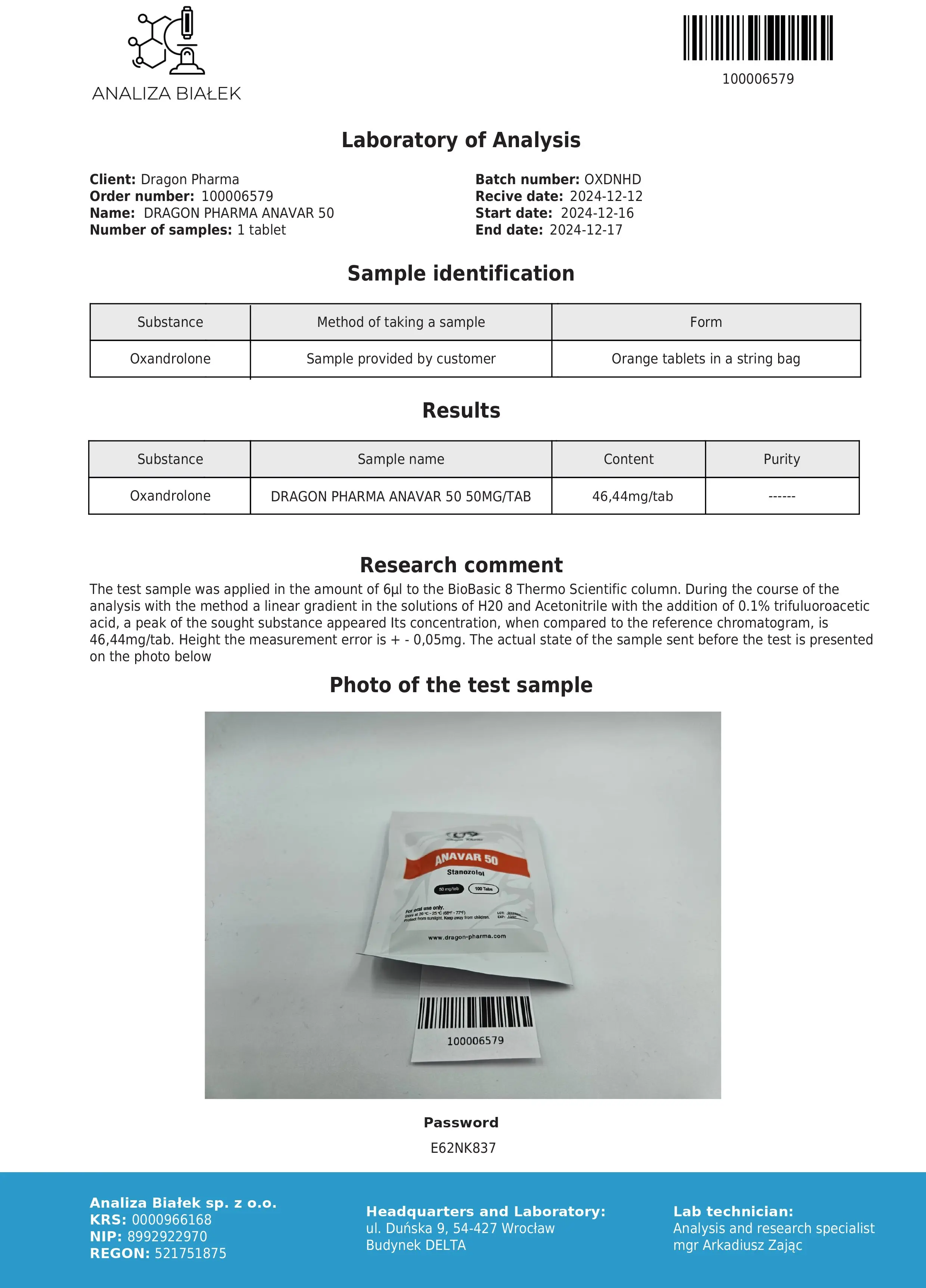 Anavar 50mg Lab Test Dec 2024