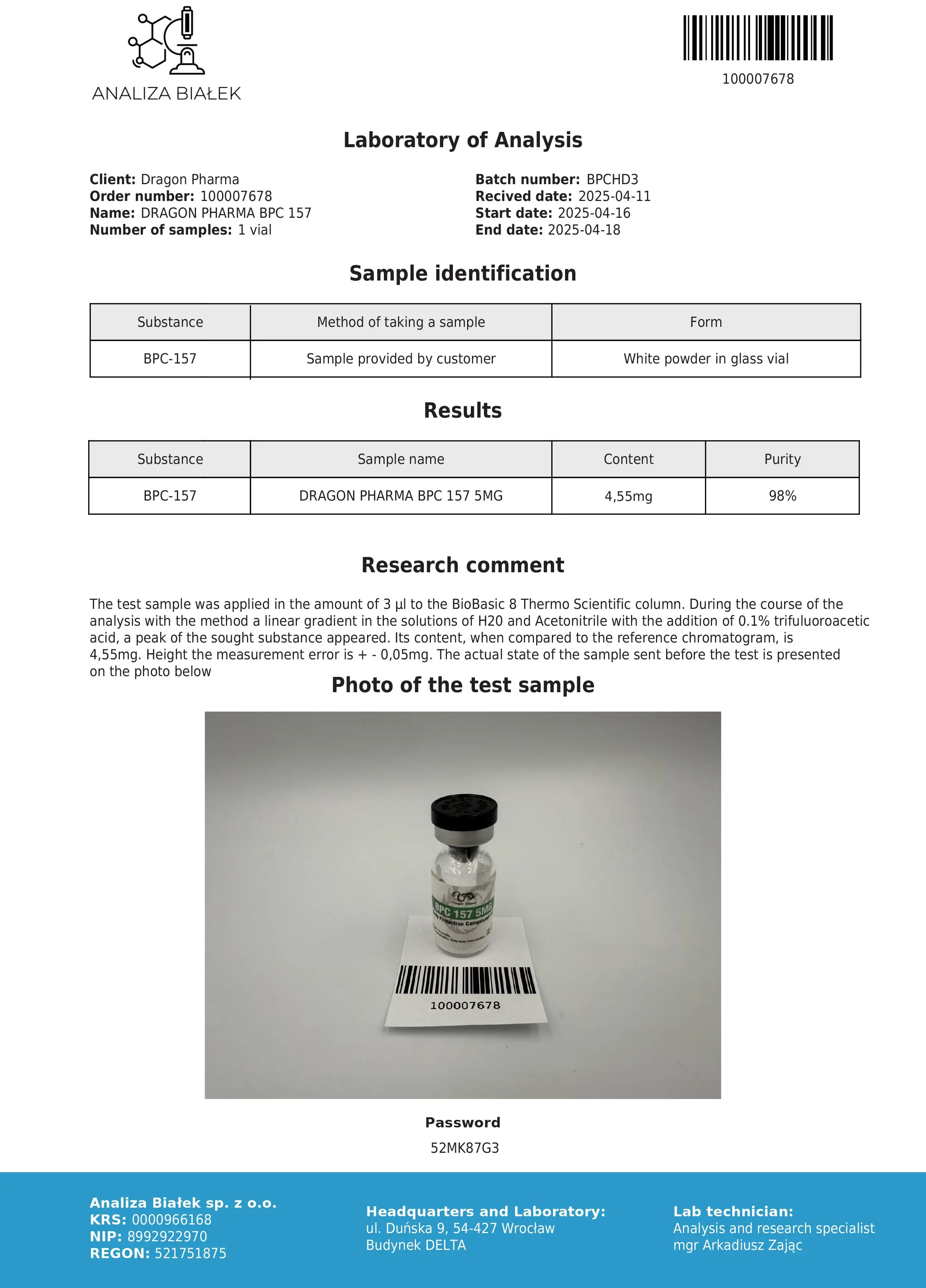 BPC 157 Lab Test Apr 2025