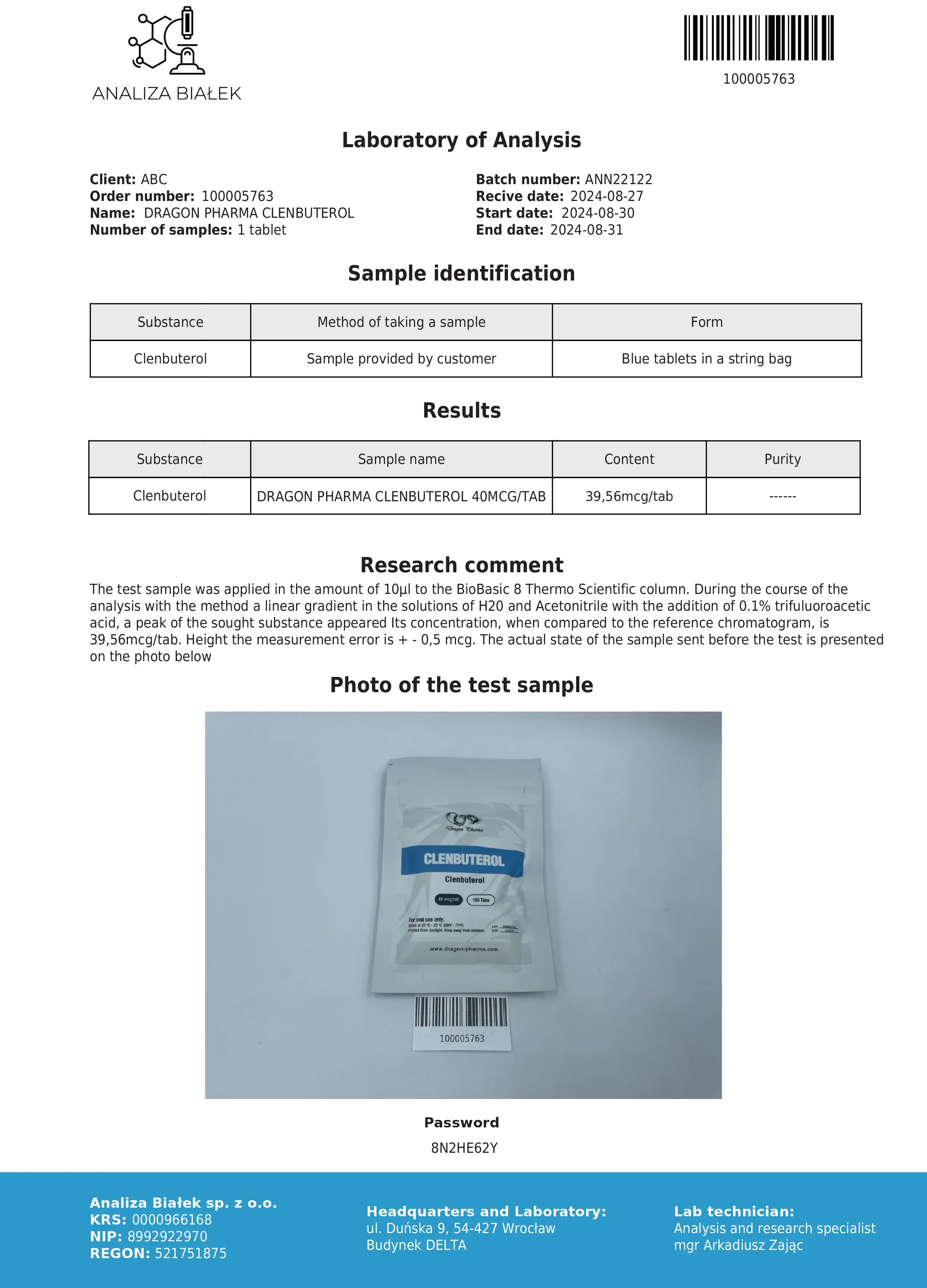 Clenbuterol Lab Test Aug 2024