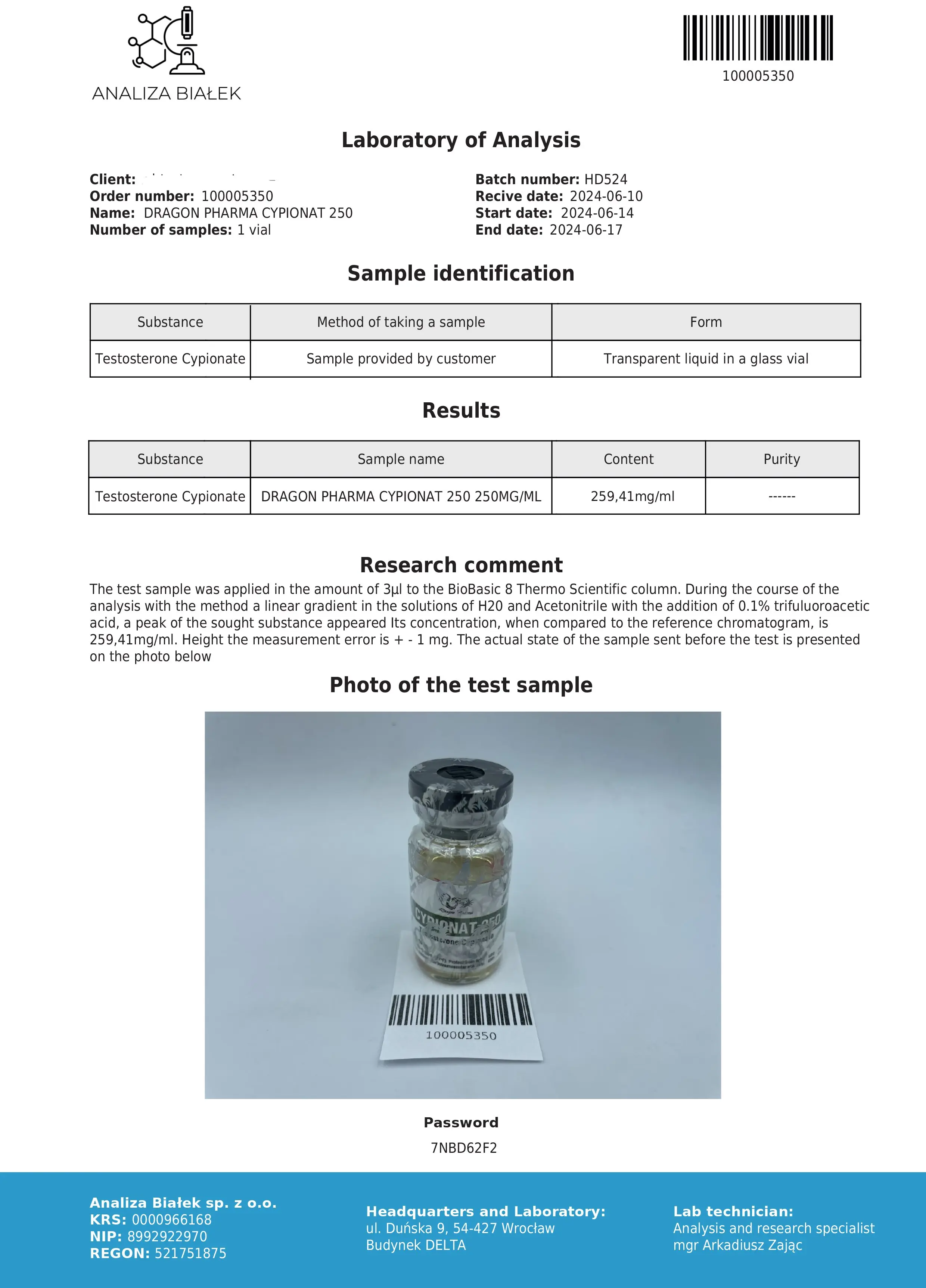 Dragon Pharma Cypionat Lab Test June 2024