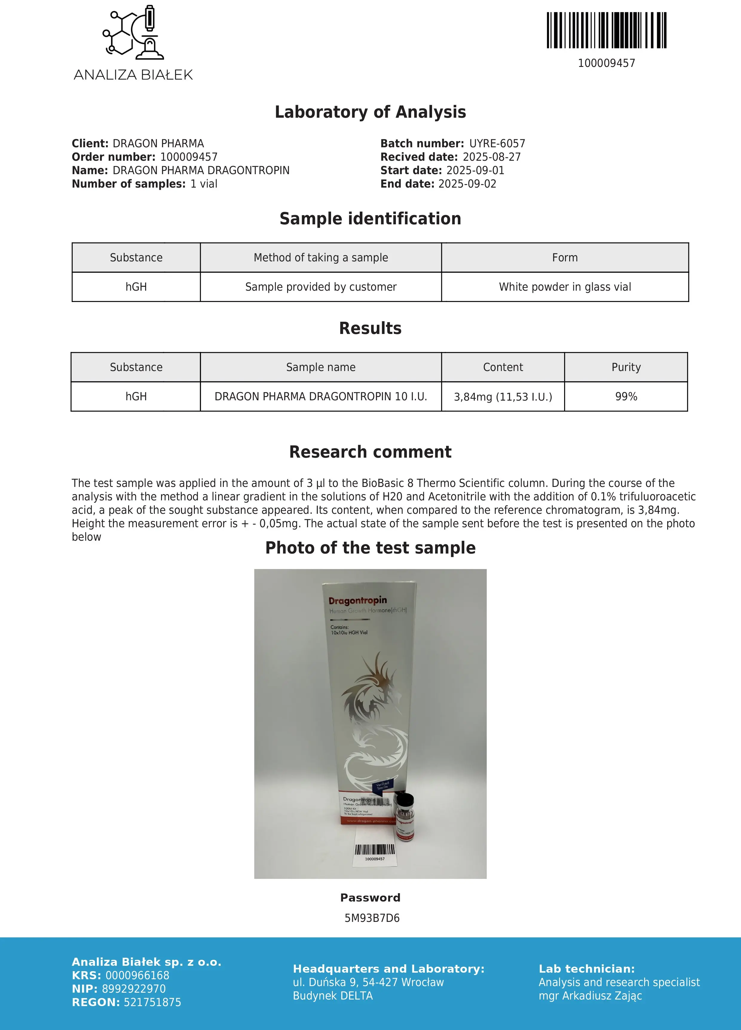 Dragontropin 10iu Lab Test Sept 2025