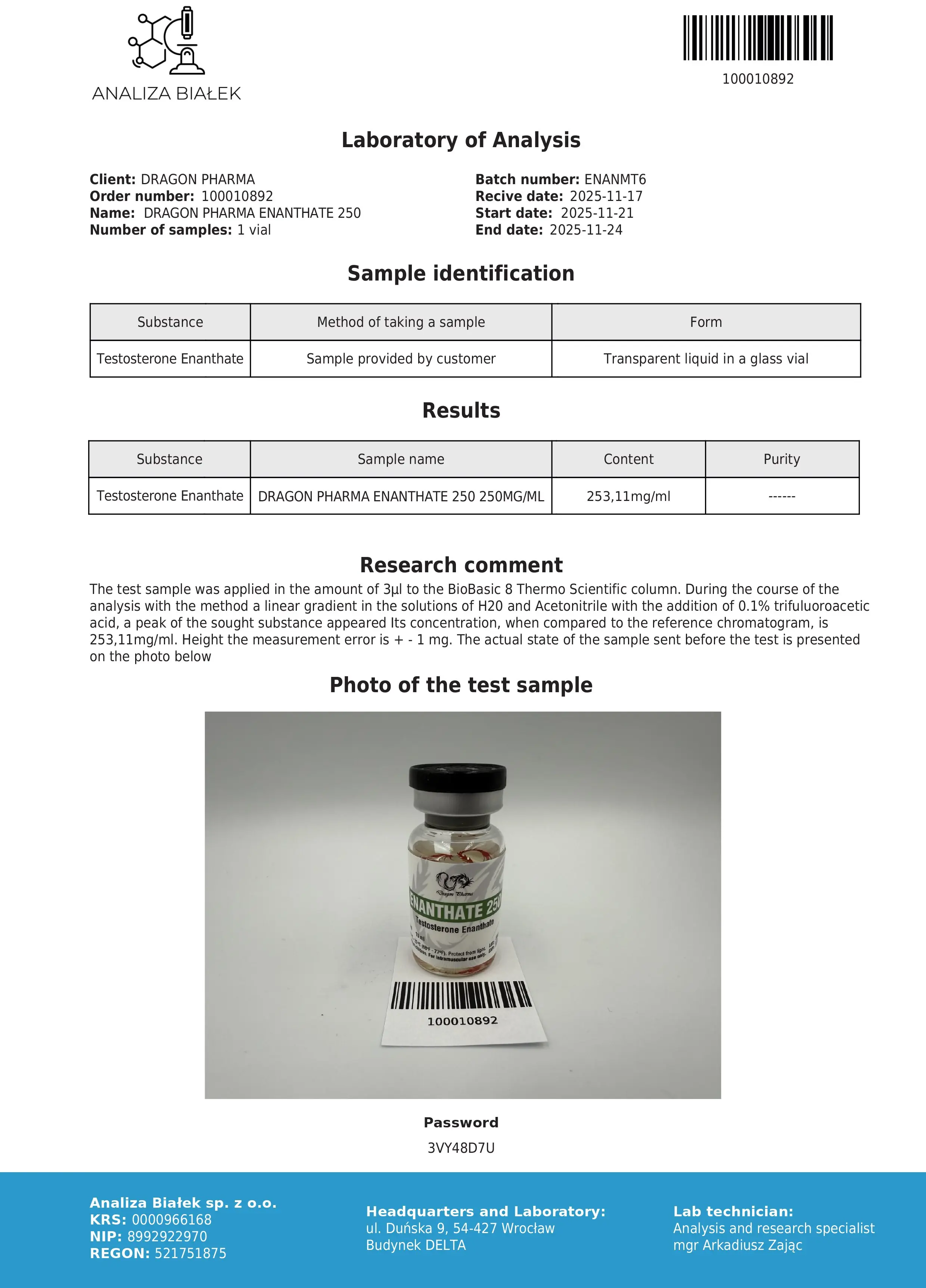Enanthate Lab Test Nov 2025