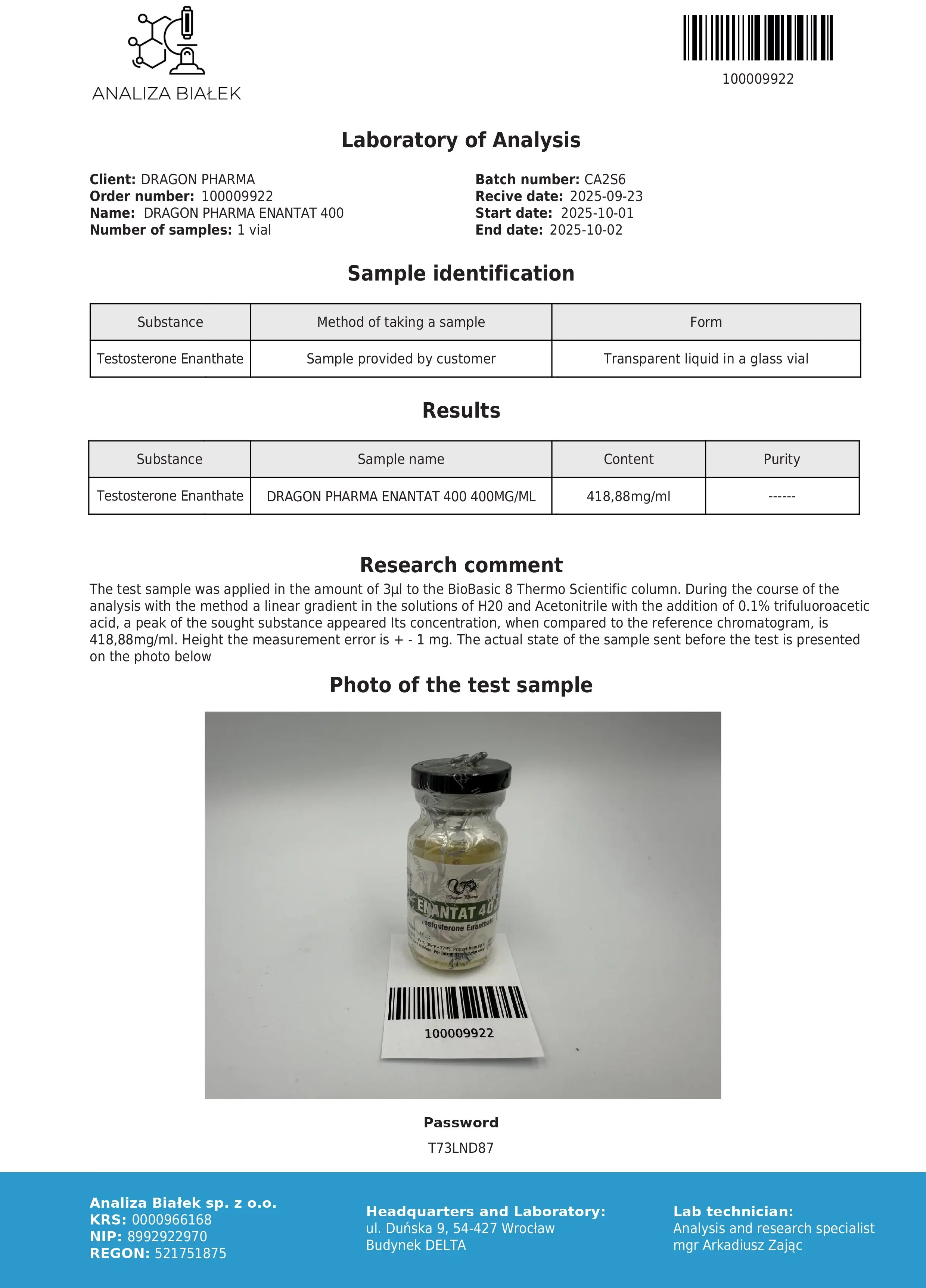 Test E 400mg Lab Test