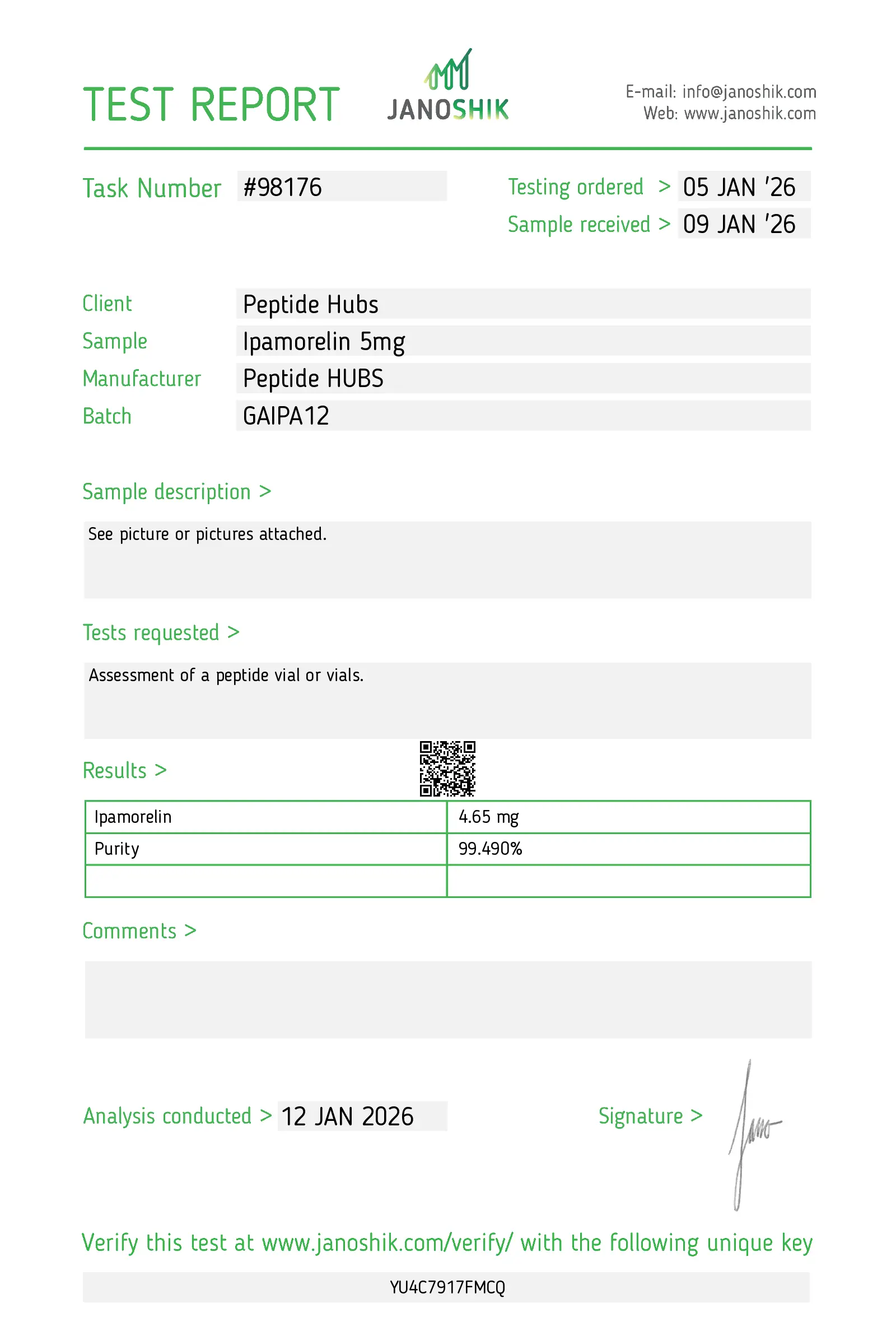 Ipamorelin Lab Test Jan 2026