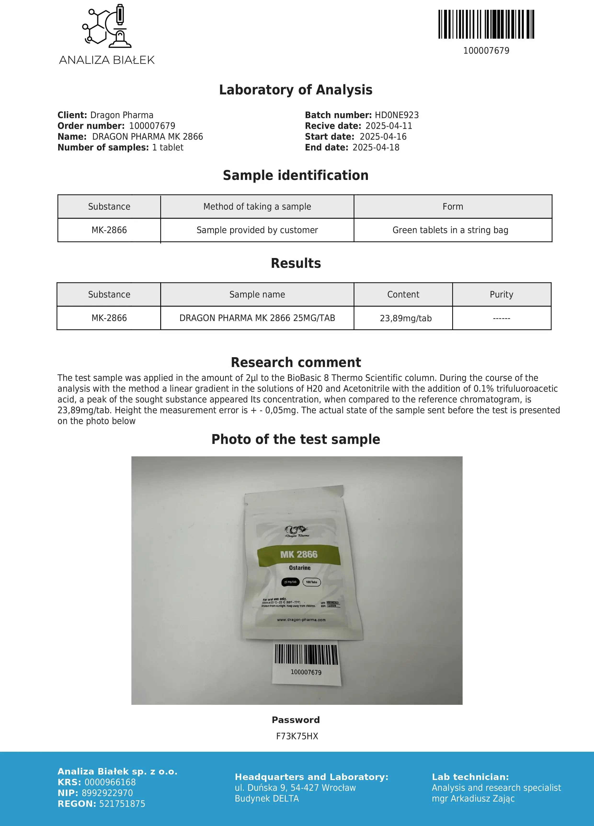 MK-2866 Ostarine Lab Test