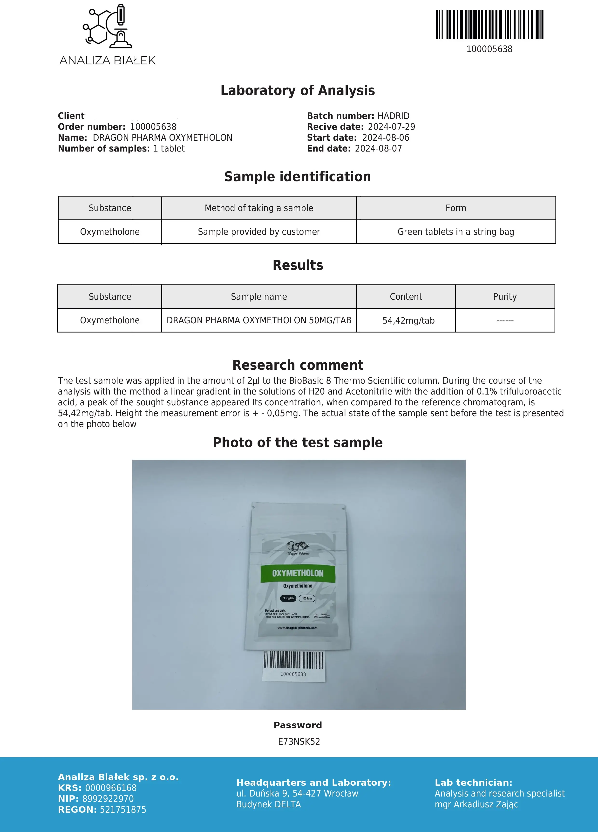 Oxymetholone Lab Test Aug 2024