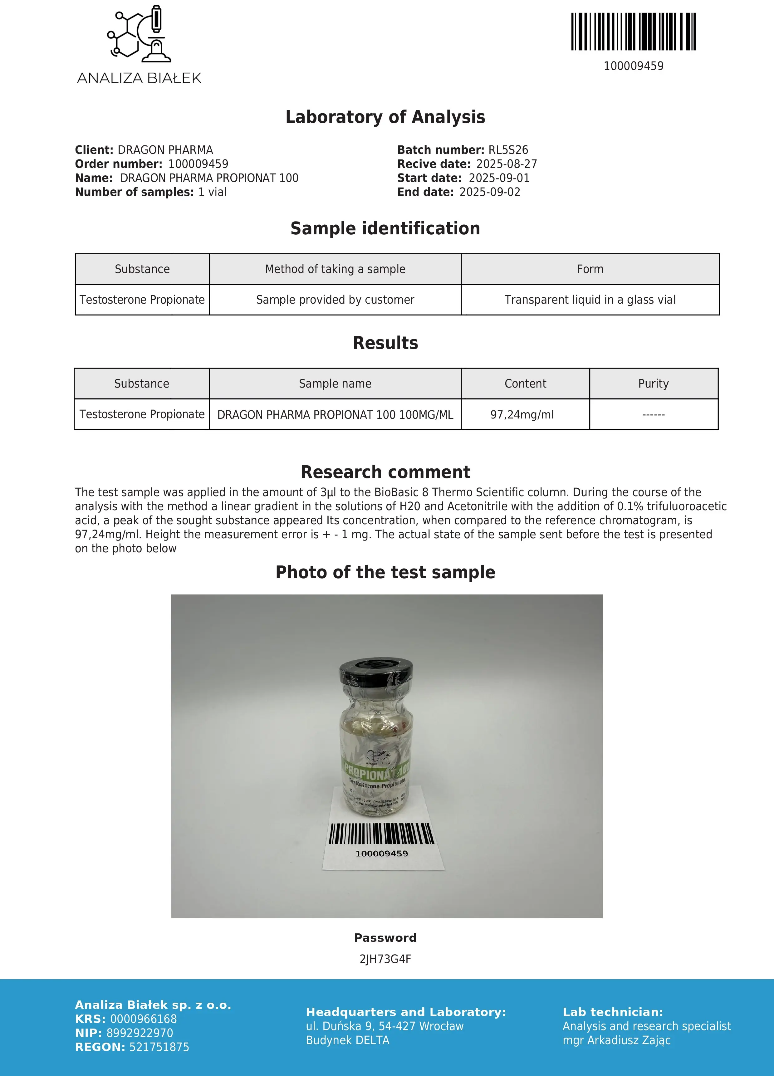 Propionat Lab Test Sept 2025