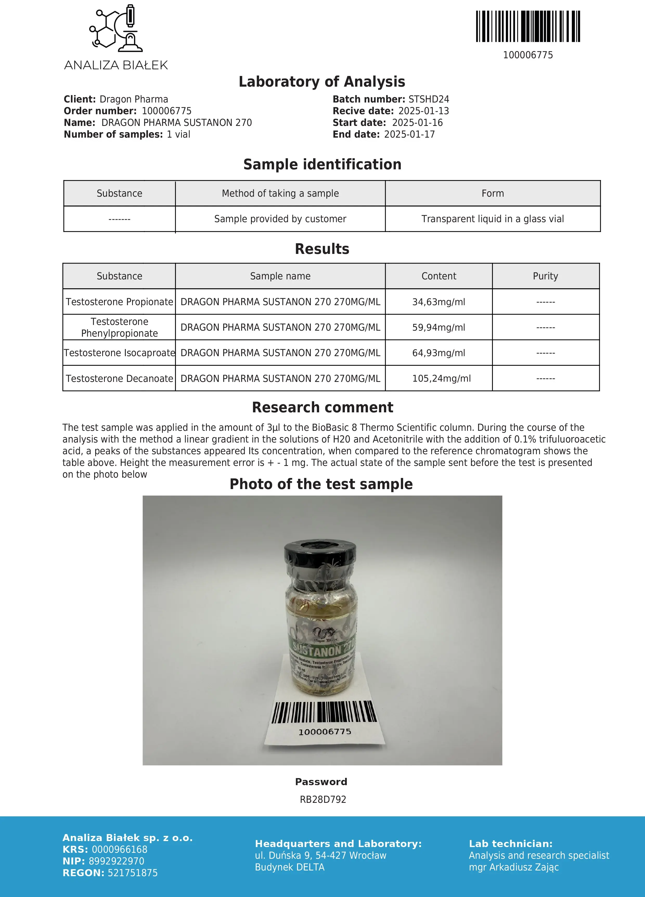 Sustanon 270 Lab Test Jan 2025