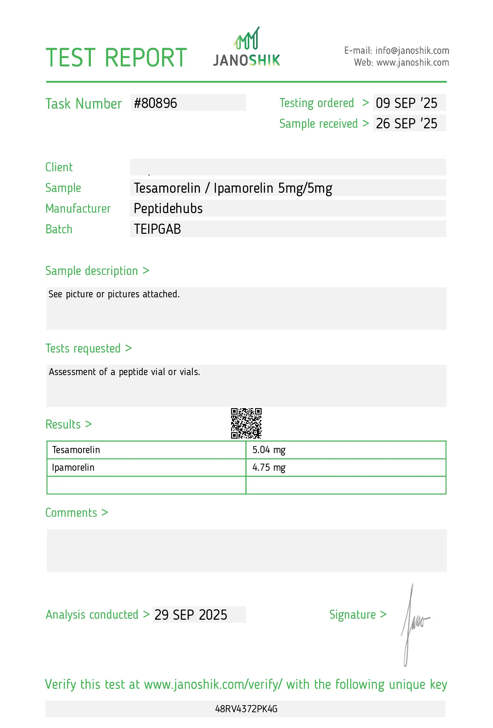 tesamorelin/ipamorelin lab test Sept 2025