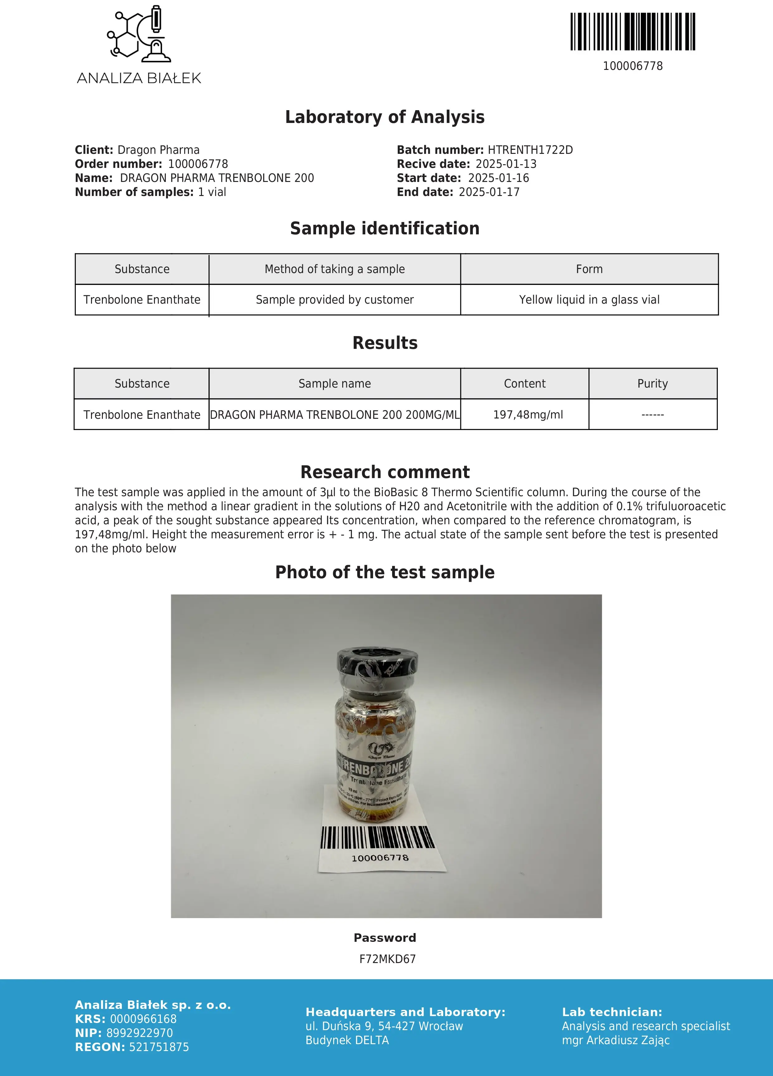 Trenbolone 200 Lab Test Jan 2025
